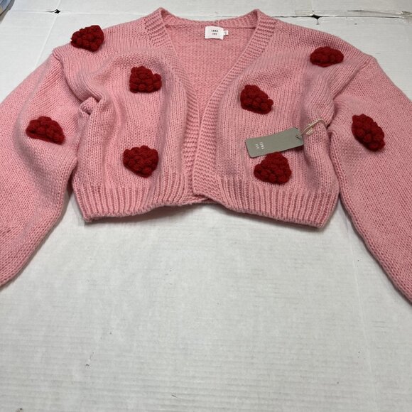 Luna Sweater Womens M Pink Open Knit 3D Floral Oversized Cropped Cardigan Y2K - Picture 3 of 10